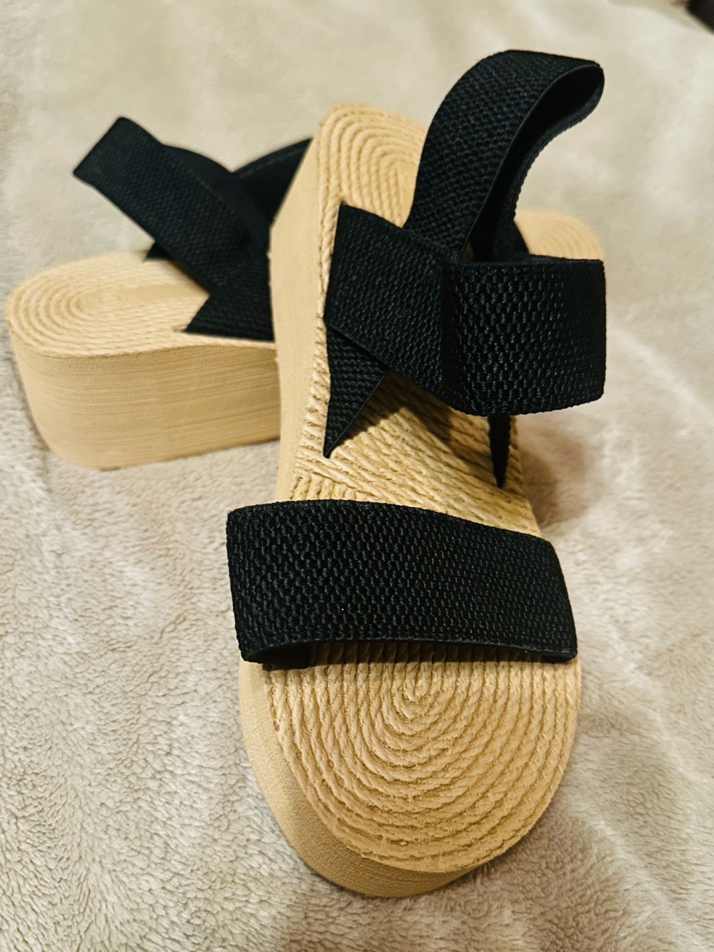 Black Strap Wedge Sandals with Natural Rope Platform